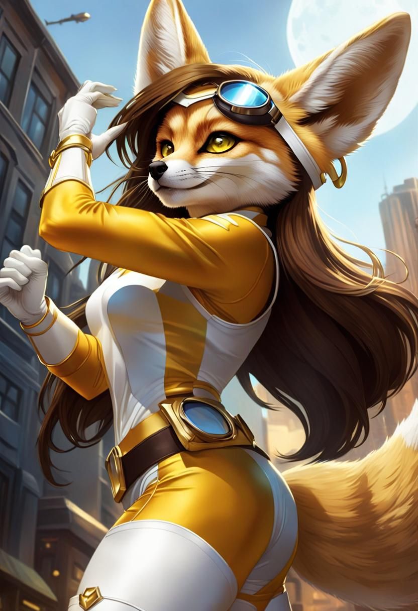 Giant Superhero Fennec Fox in Futuristic City