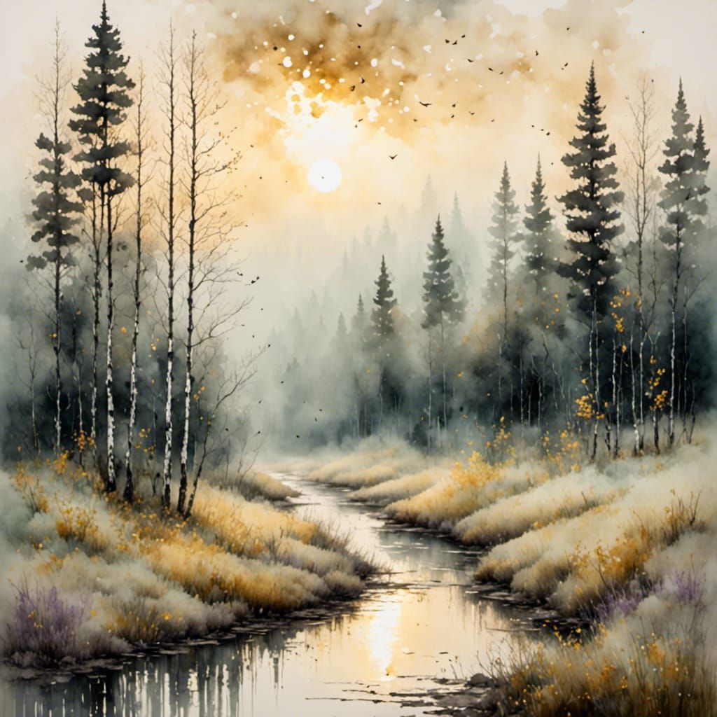Dawn over a Misty Birch Forest in Dreamy, Whimsical Watercol...