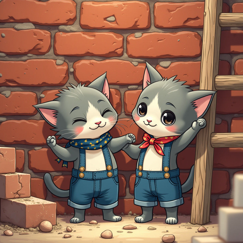 Grey and White Patch Kittens Building a Brick Wall with Pine...
