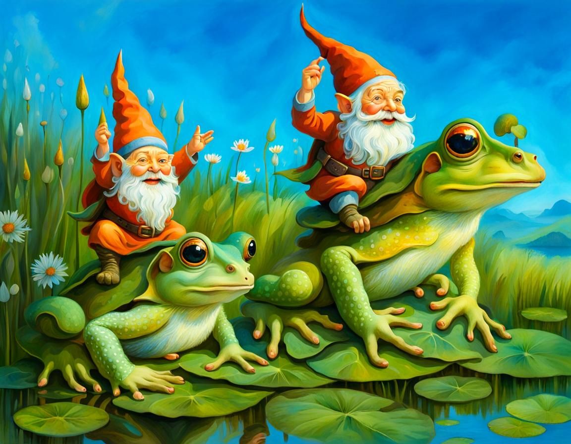 Triumphant Gnomes Ride Frogs on a Sunny Day