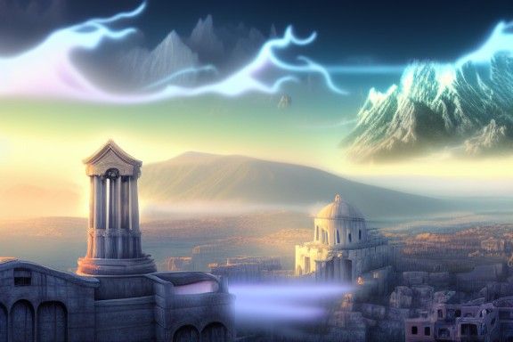 Ethereal Fantasy Cityscape in Distressed Neon