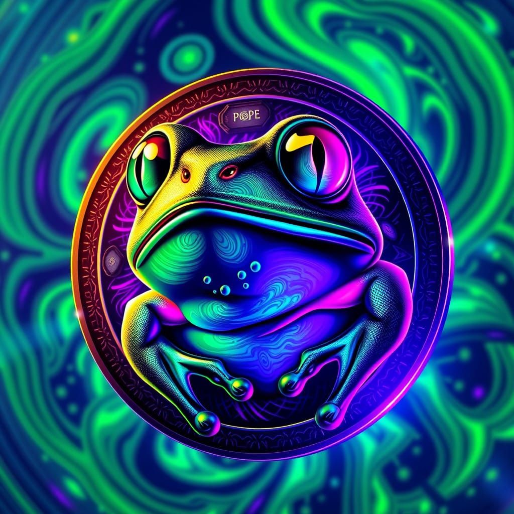 Psychedelic PEPE Coin Logo in Cosmic Futuristic Style