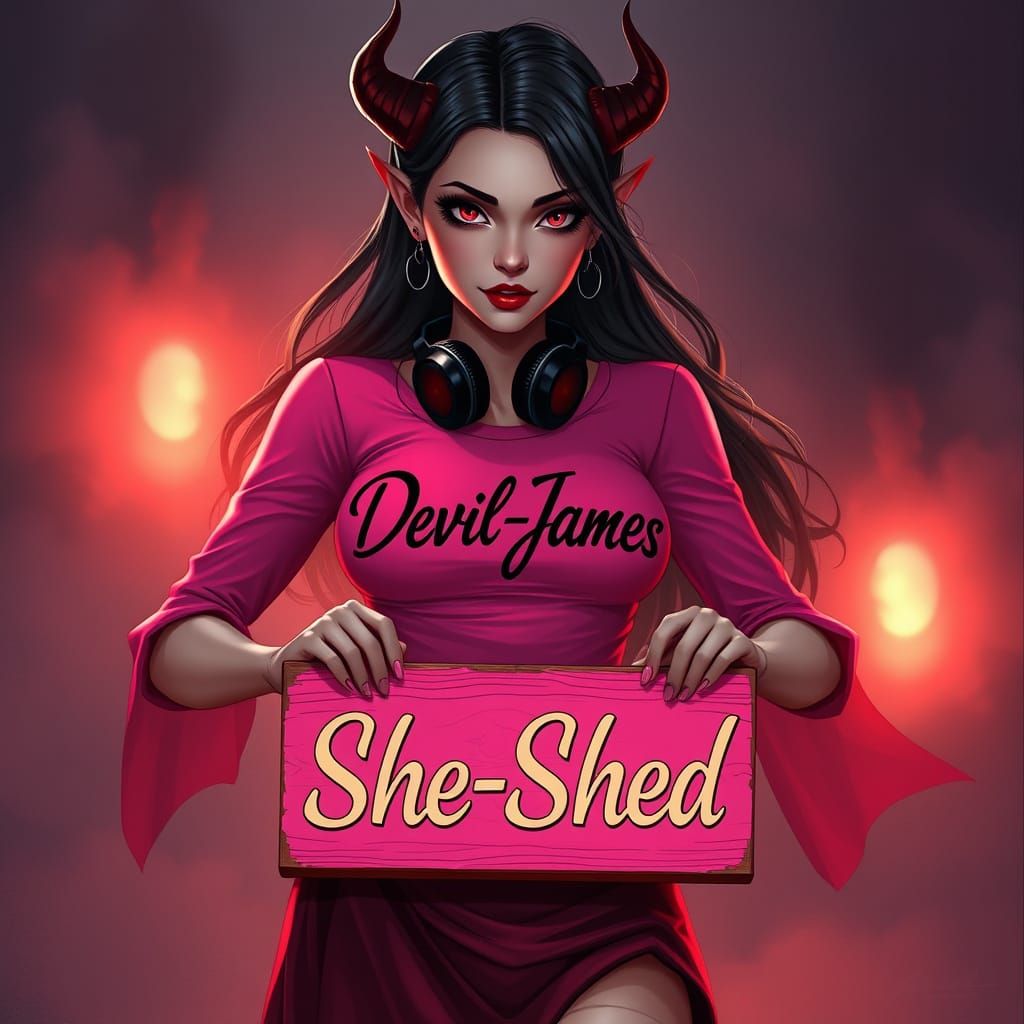 Mystical Woman in Devilish Attire, Surrounded by Whimsical S...