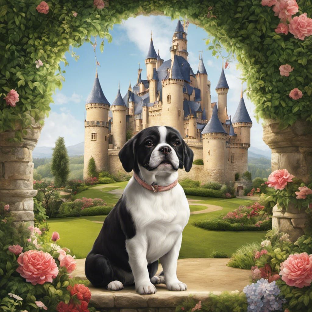 A Regal French Bulldog in a Castle Garden