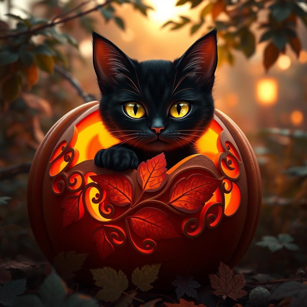 Ethereal Black Cat Admires Autumnal Pumpkin in Whimsical Ani...