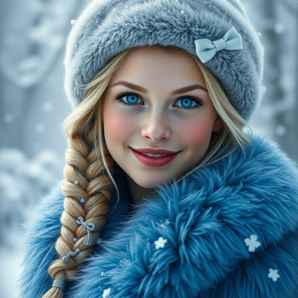 Ethereal Slavic Snow Maiden in Blue Fur Coat