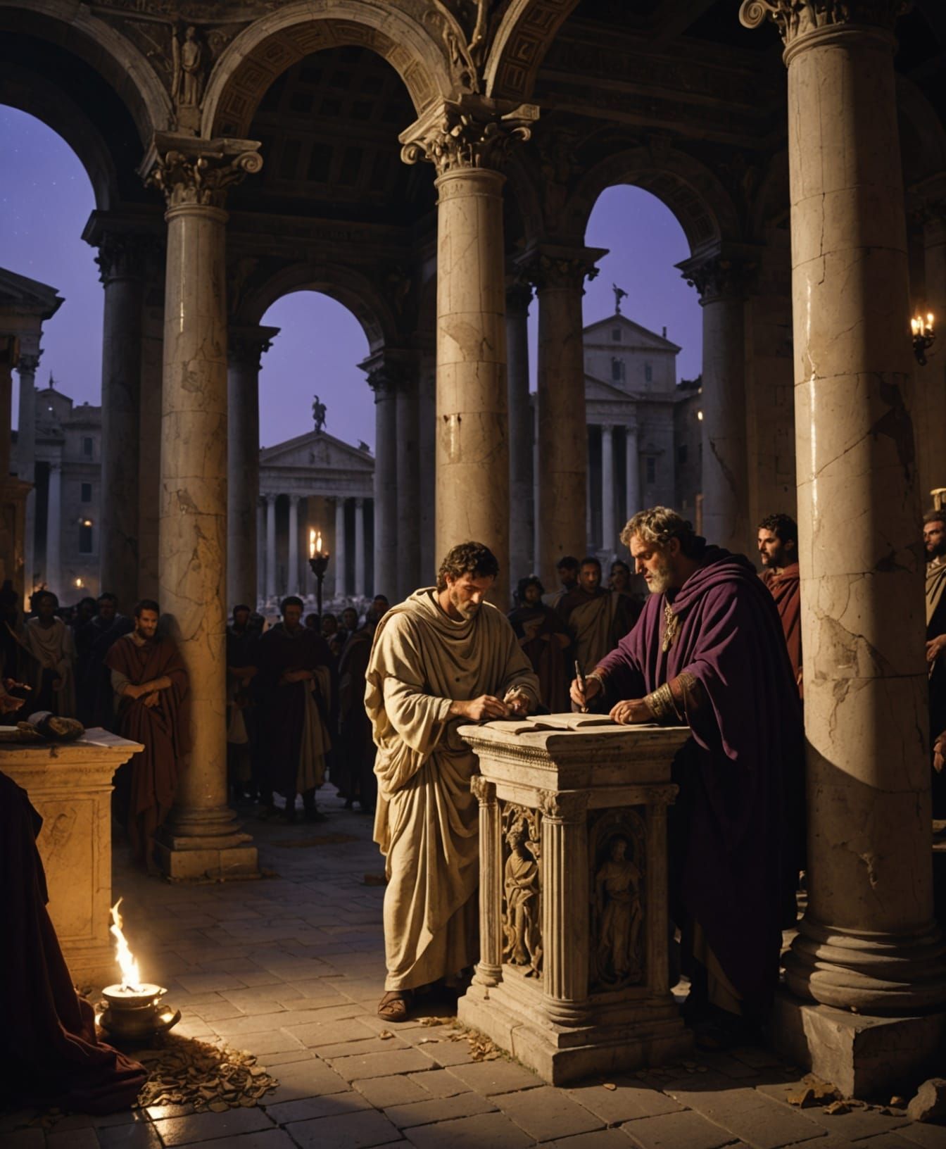 Ancient Rome Senate Hall Under Midnight Moonlight