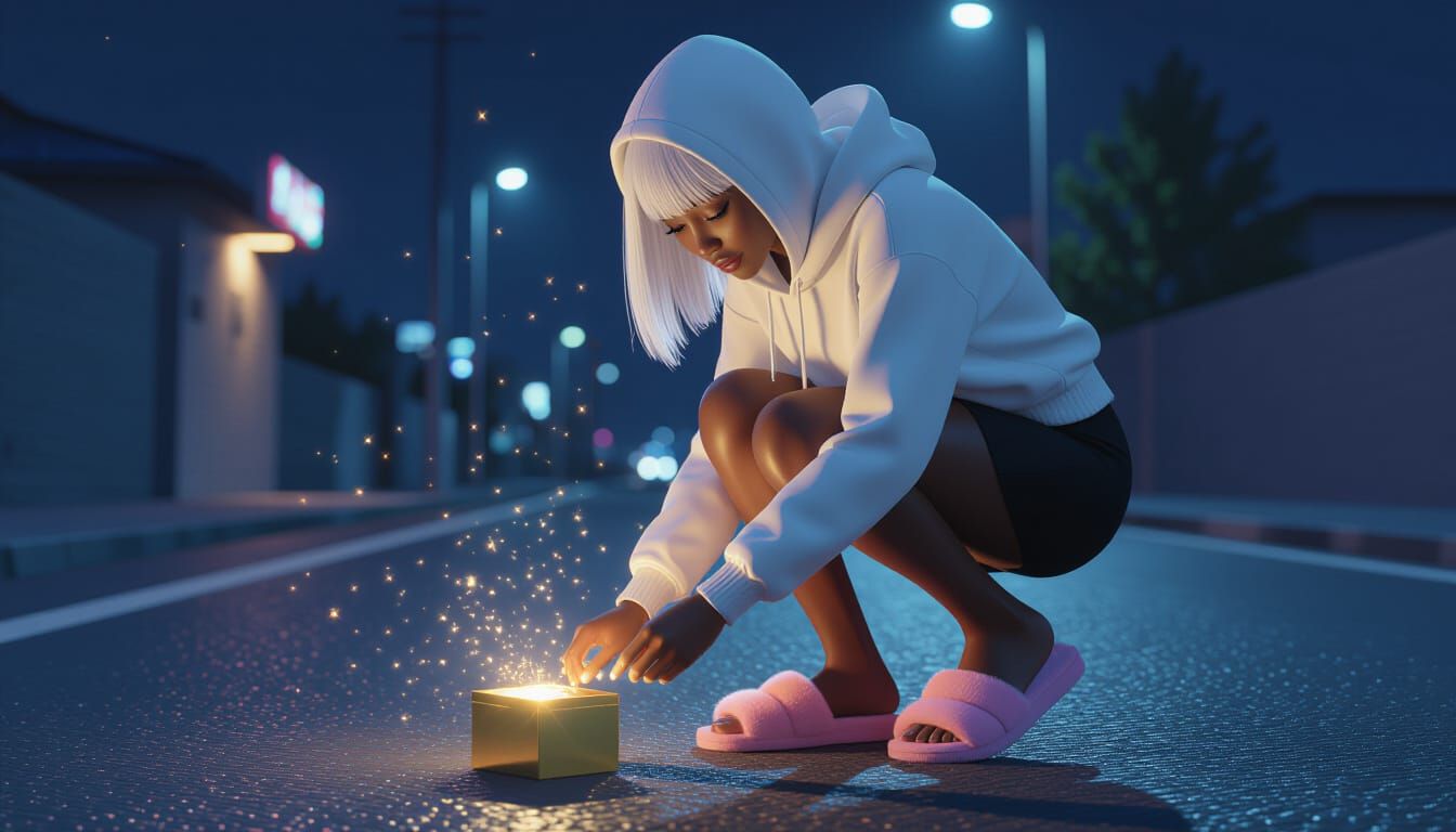 Hyperrealistic Animated Style African Woman Picking Up Glowi...