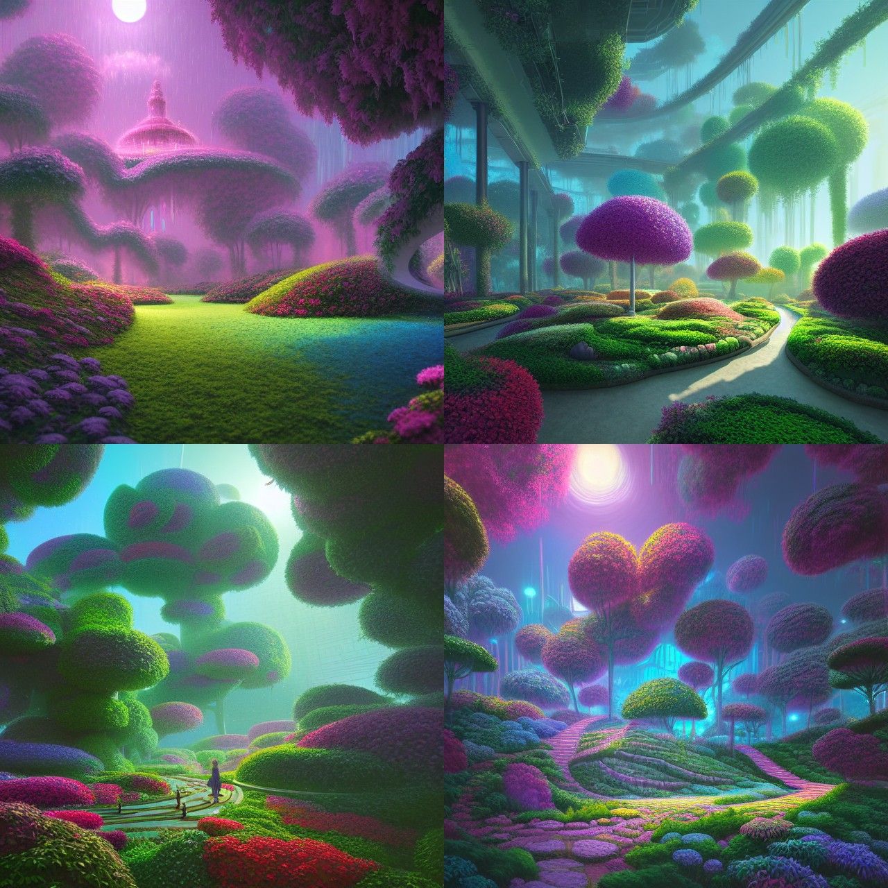 a dreamy winding garden of many paths growing trees and plan...