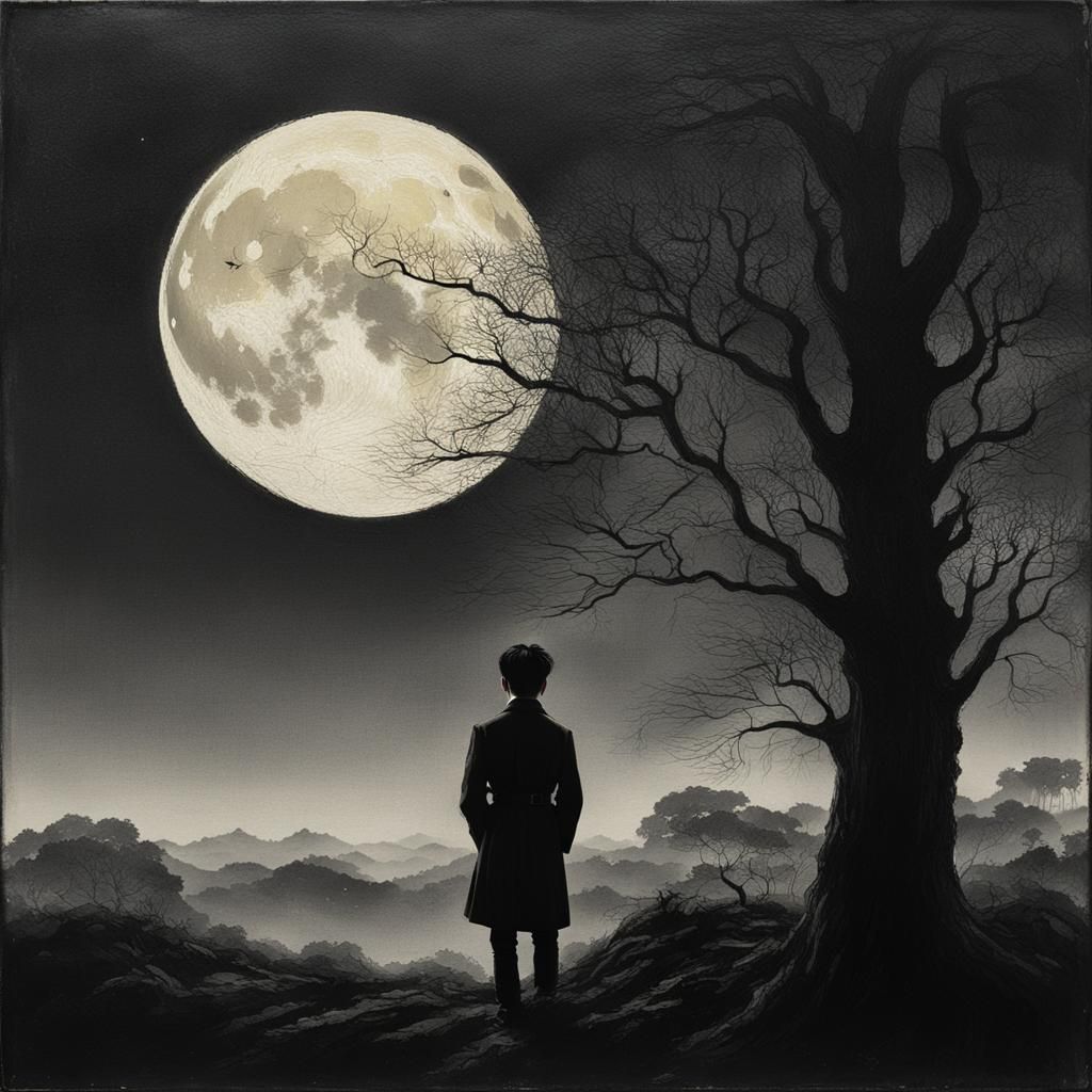 Mysterious Actor Standing in a Dark, Glowing Moonlit Landsca...
