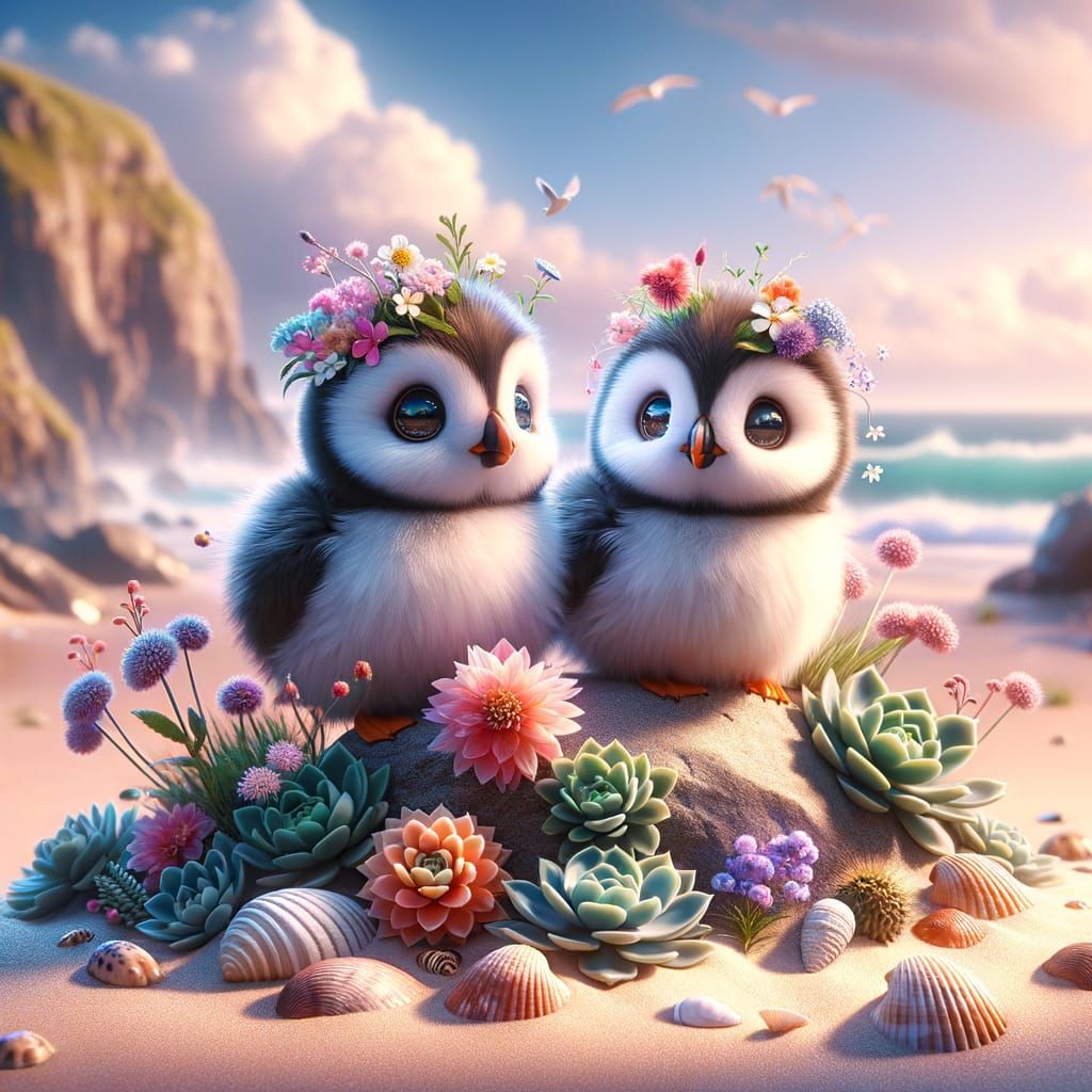Adorable Puffin Chicks on Flower Rock, Digital Art