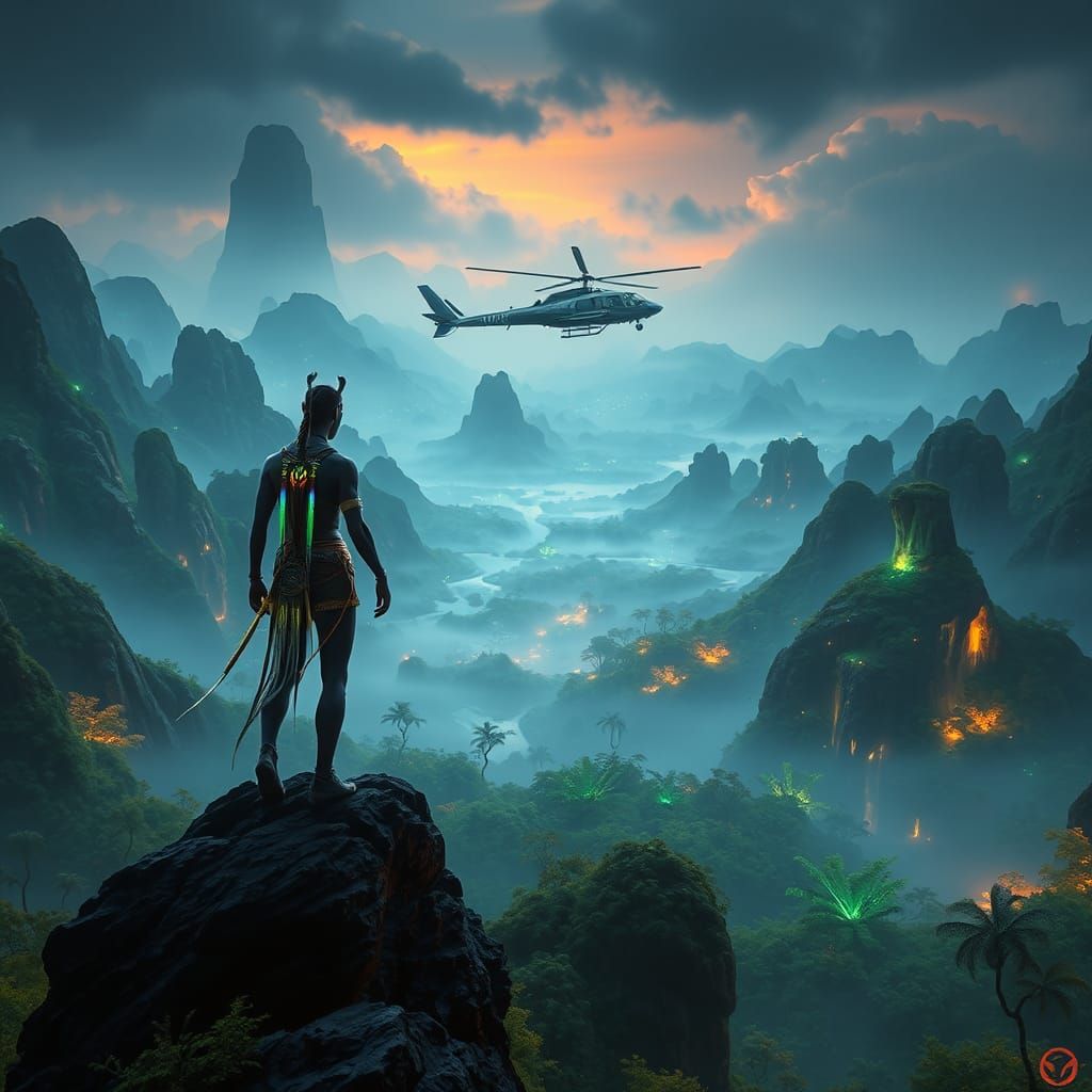 Ethereal Avatar Stands on Pandora Amidst Bioluminescent Land...