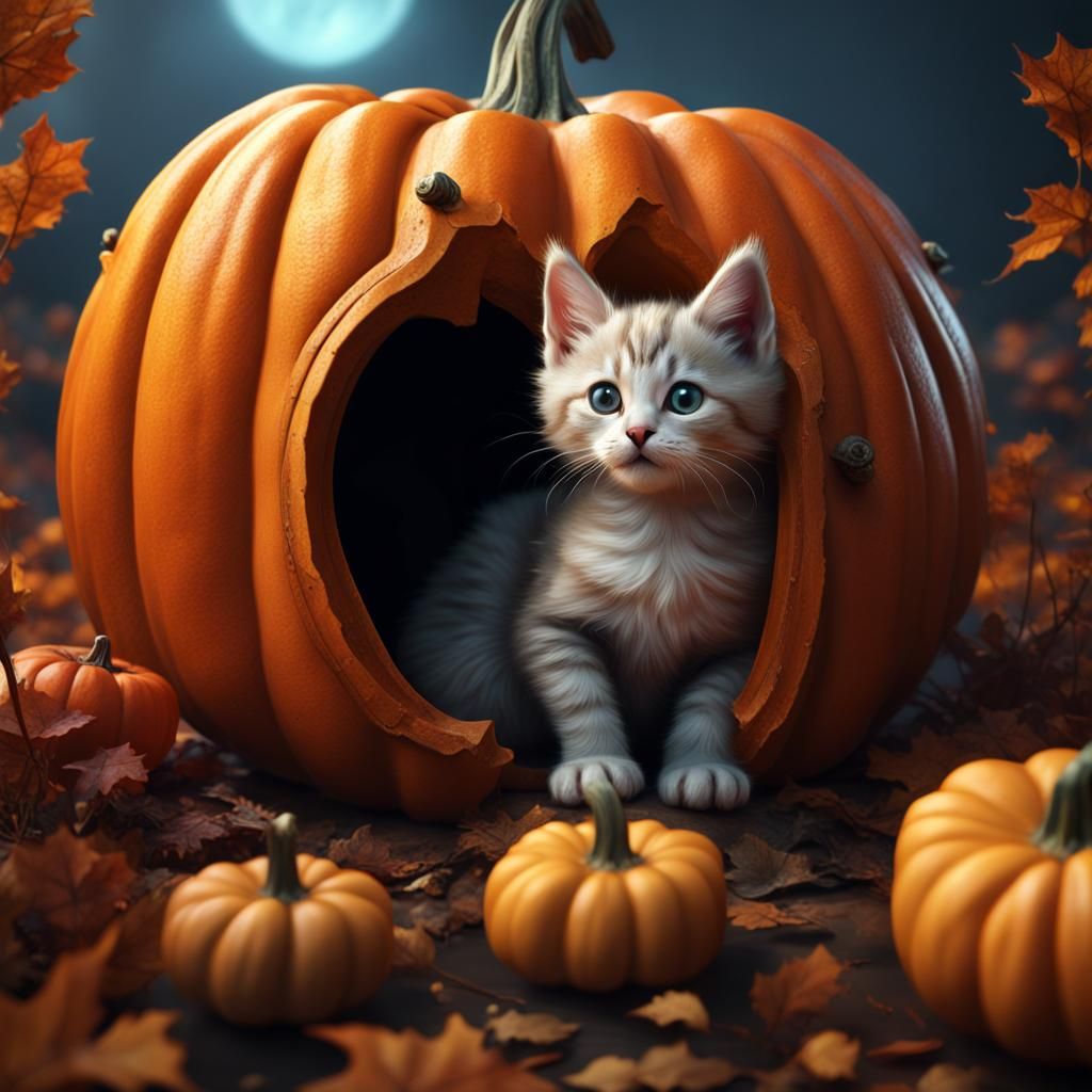 Surreal Pumpkin Scene with Kitten in a Dreamlike Carved Pump...