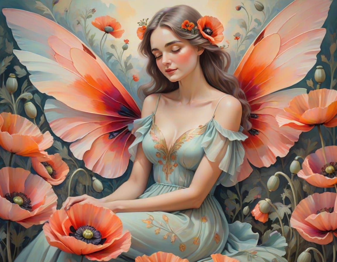 Butterfly Princess on Poppy Flower in Tempera Style