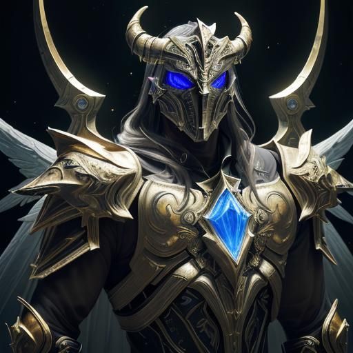 Angel Knight in Gold Chrome Armor with Horned Helm and Cryst...