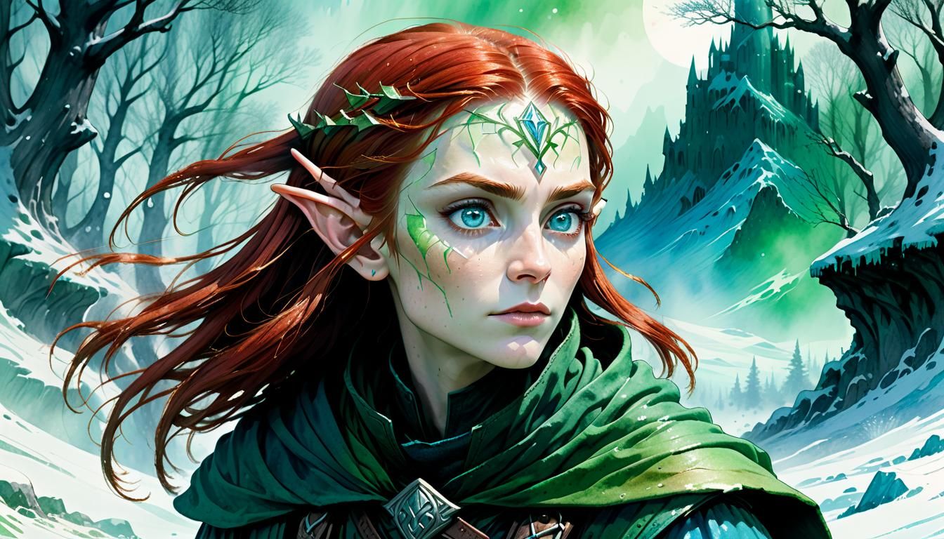 Ethereal Elven Rogue in Icy Landscape