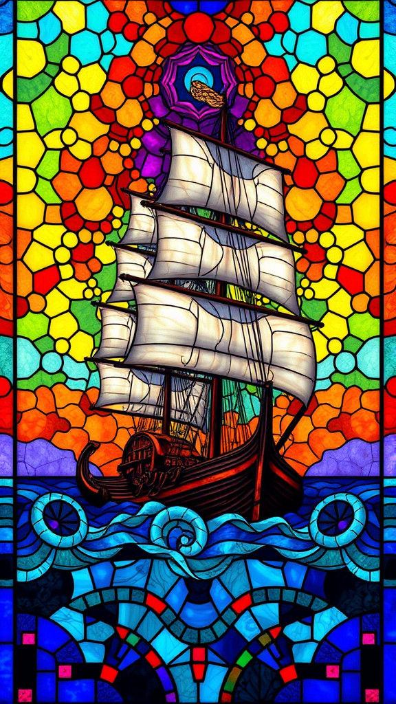 Vibrant Stained Glass Masterpiece Depicting a Fantastical Se...