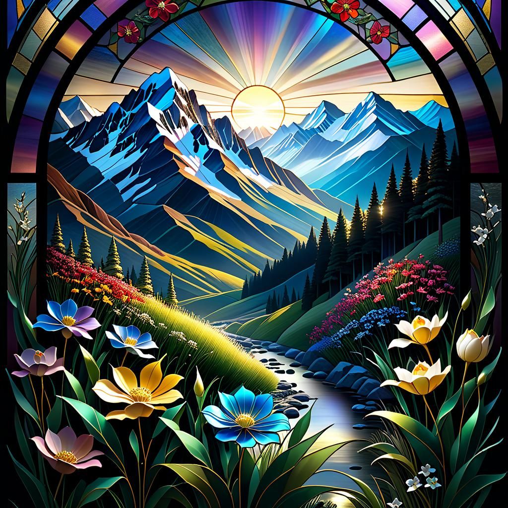 Timeless Mountain Landscape in Stained Glass