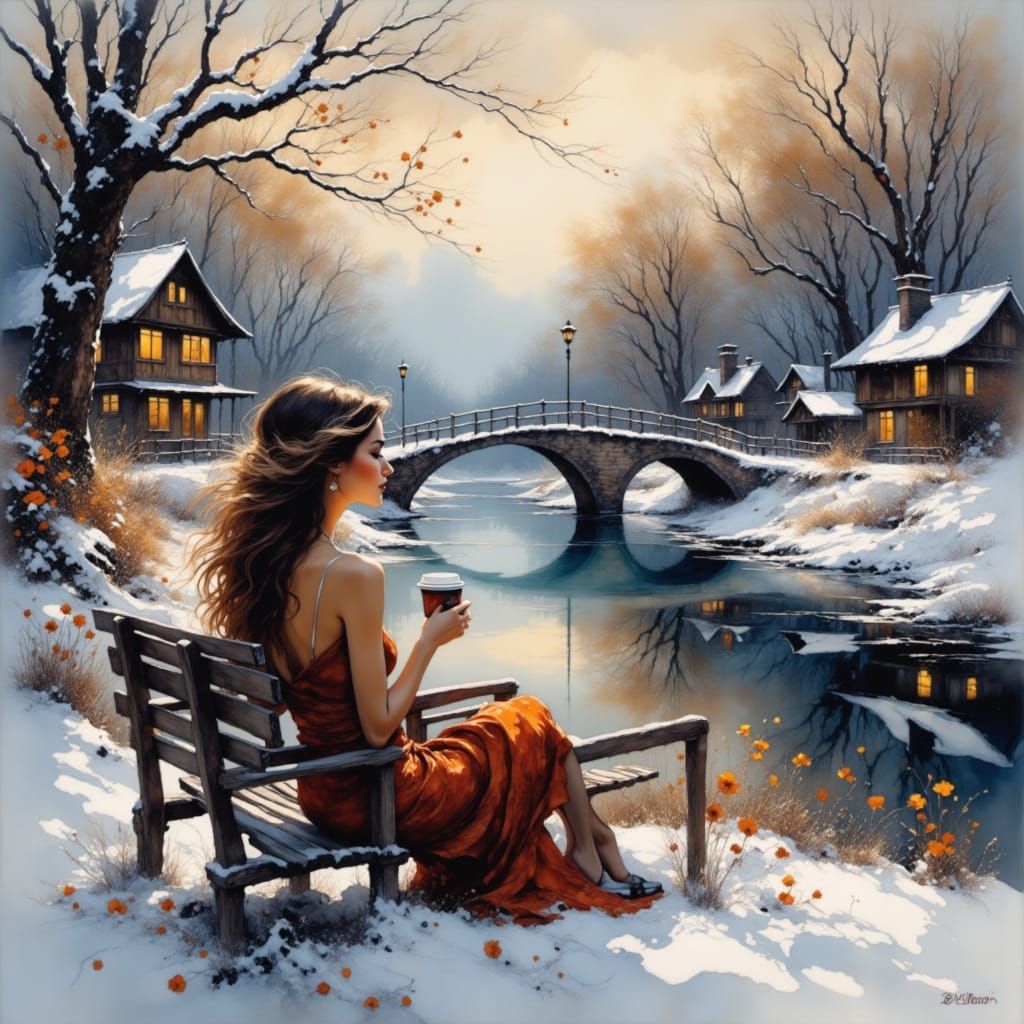 Woman on Bench by River in Winter Snow