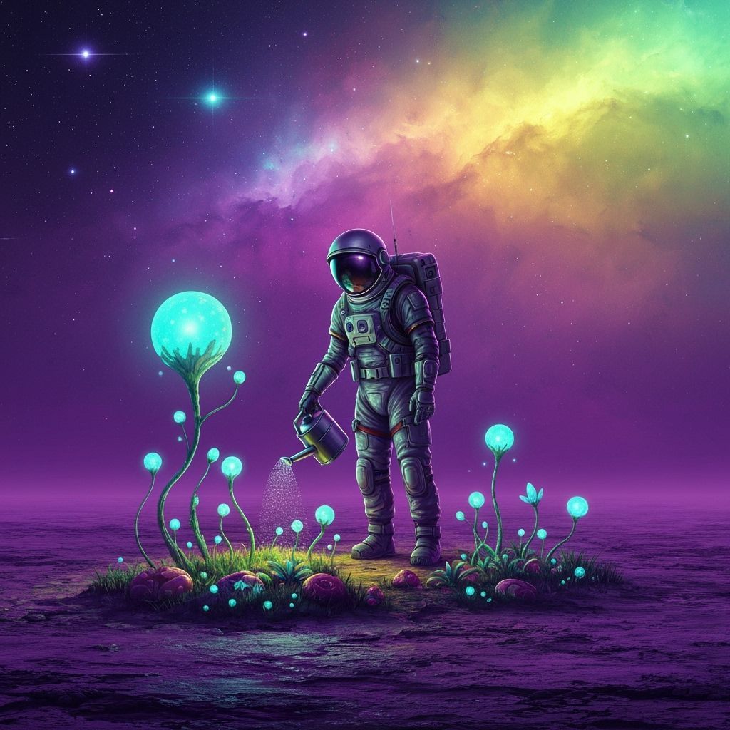 Astronaut Tends Alien Garden in Synthwave Neon Style