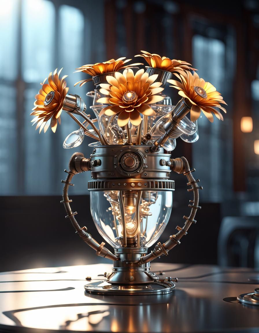 A Luminous Steampunk Vase in a Glass-Covered Room