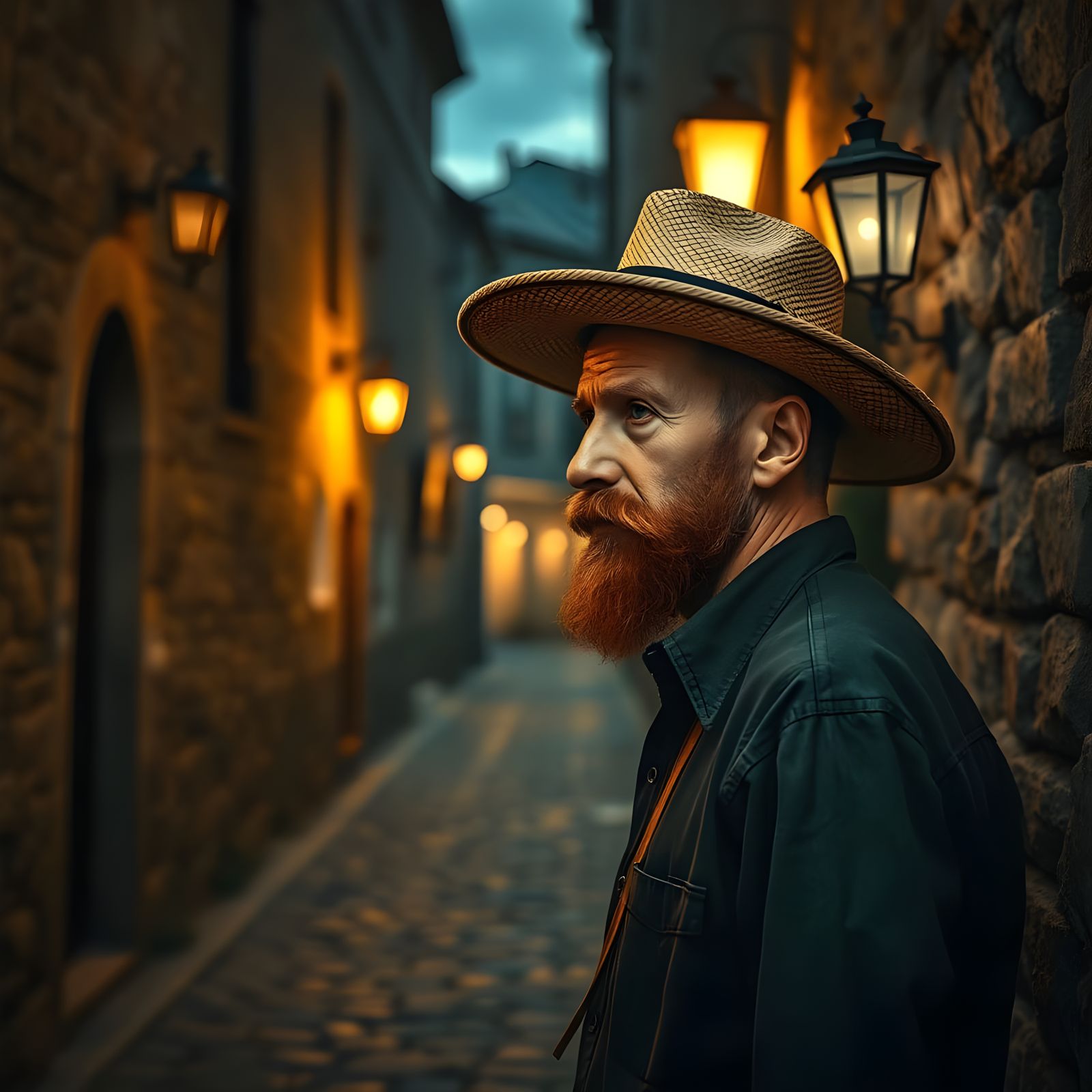 Vincent van Gogh Strolls Through a Moody Nighttime Alley in...