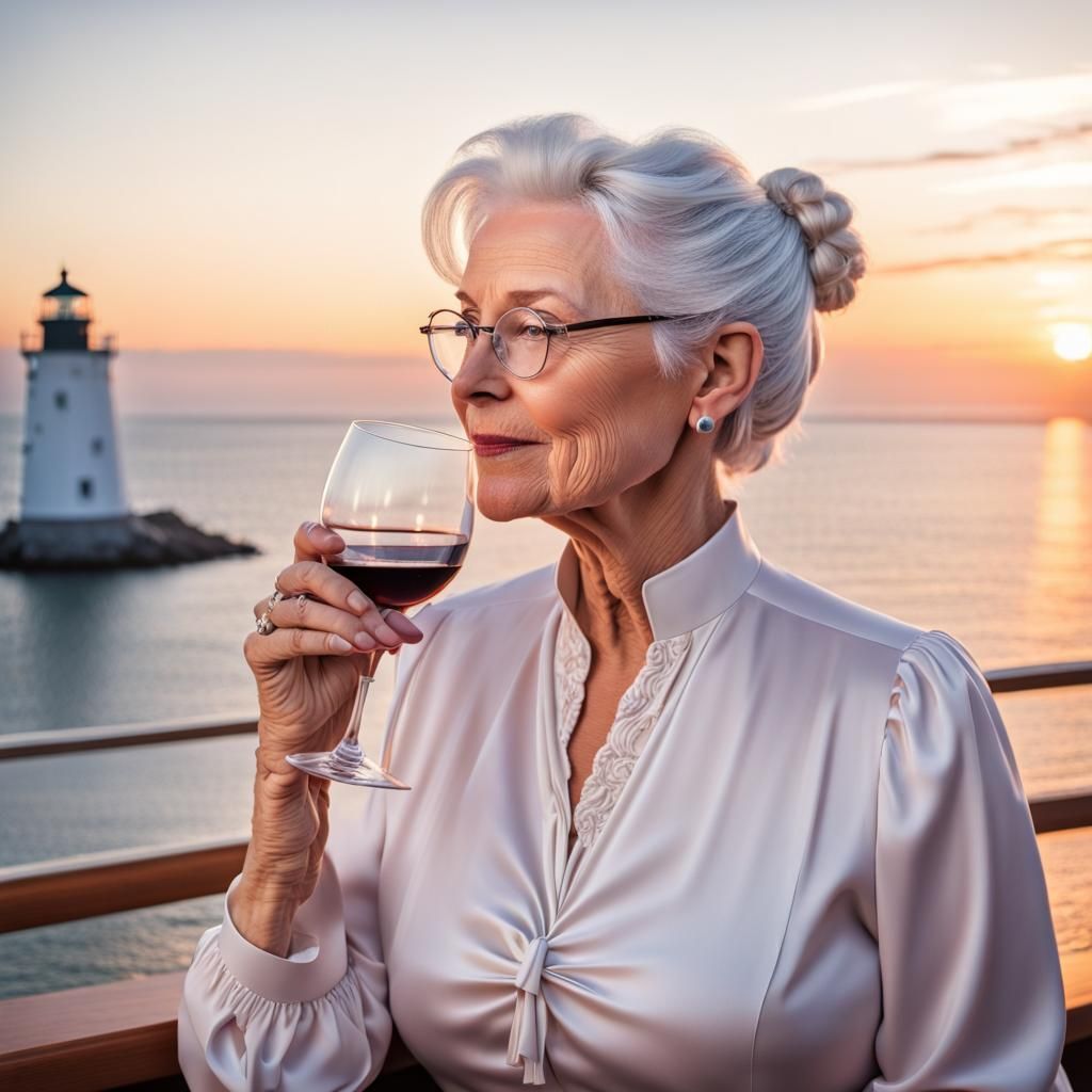 Mature Woman Savoring Sunset with Wine on a Seaside Deck