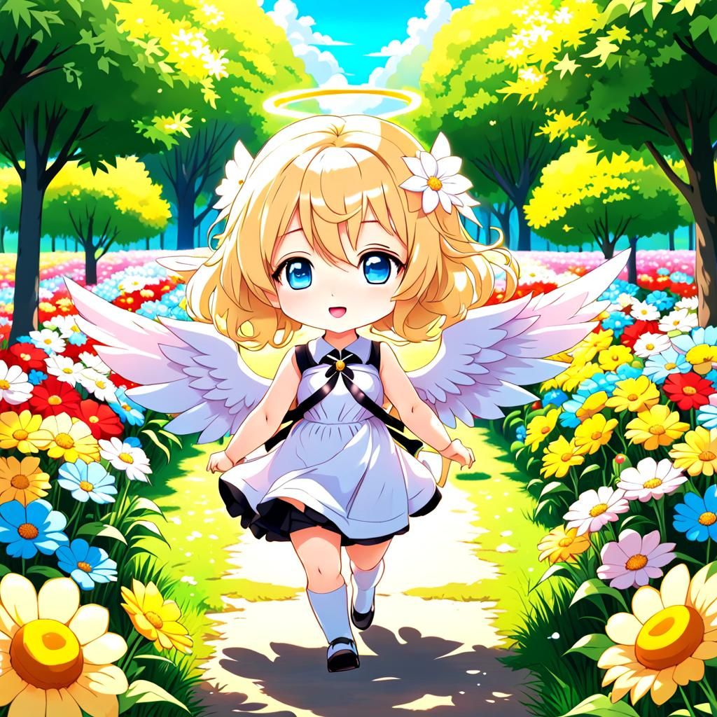 Chibi Angel Girl Explores Vibrant Flower Park