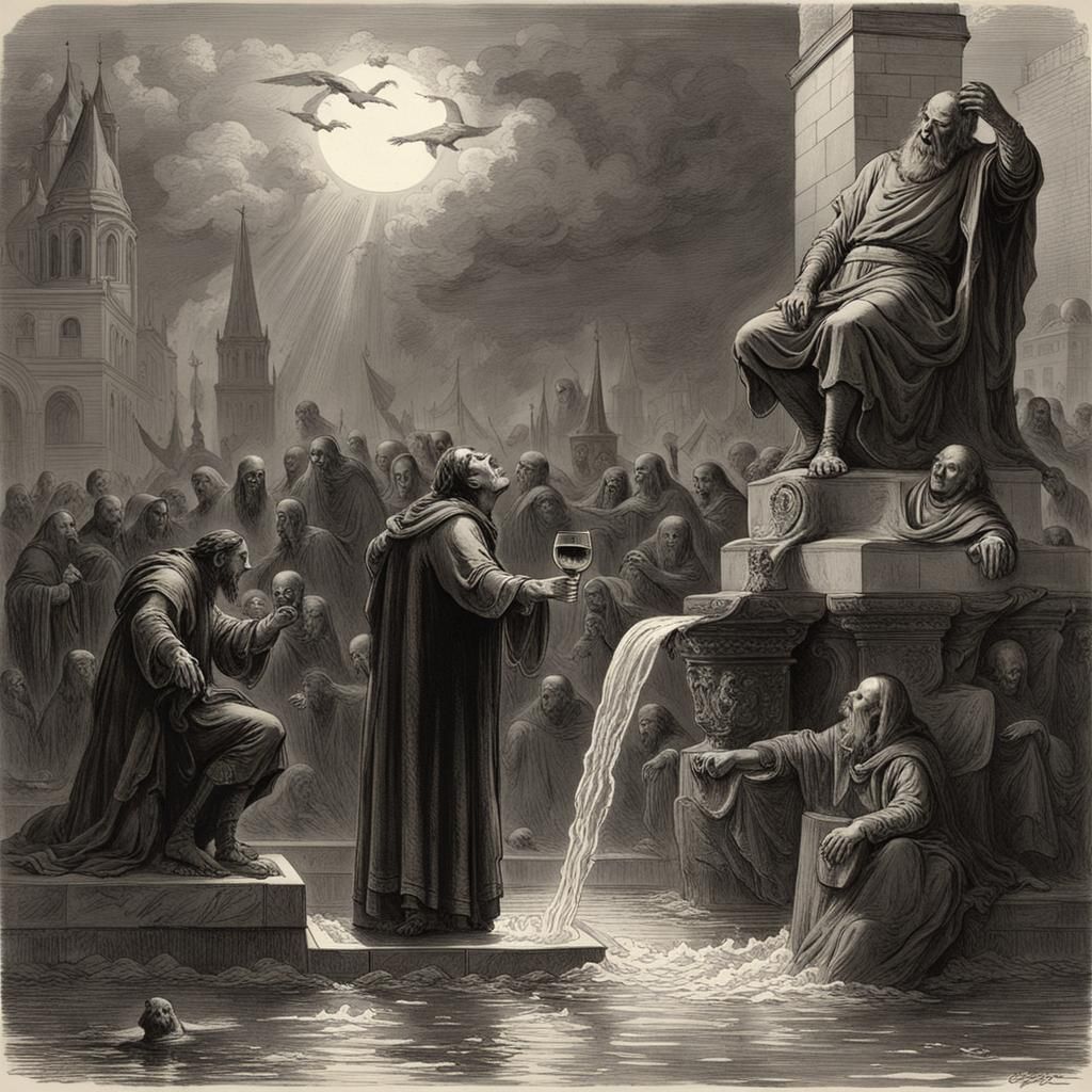 God of Wine Enjoys City Fountain in Dark Fantasy Scene