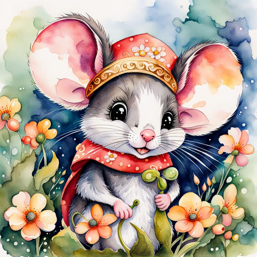 Whimsical Storybook Chibi Mouse with Blushing Cheeks