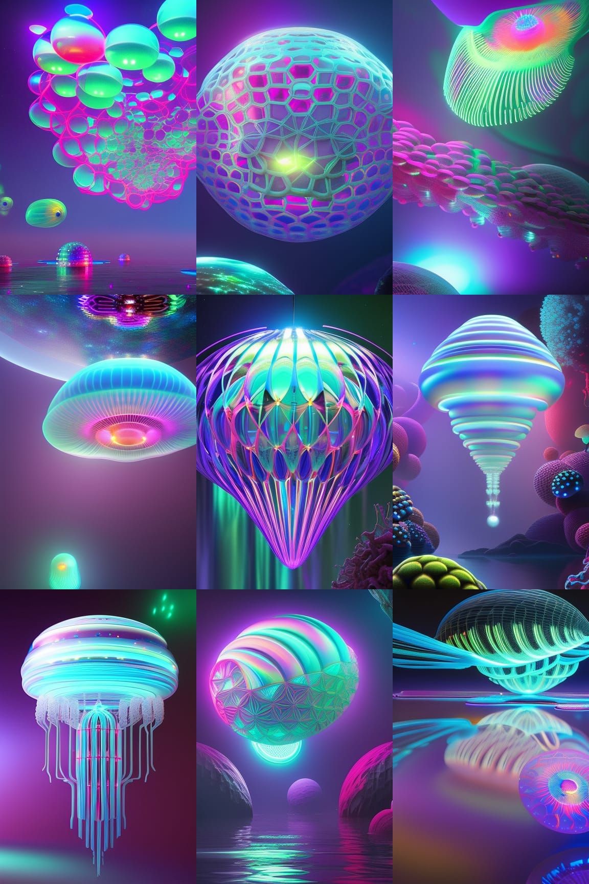 floating jellyfish, biochemical, intricate illuminating refl...