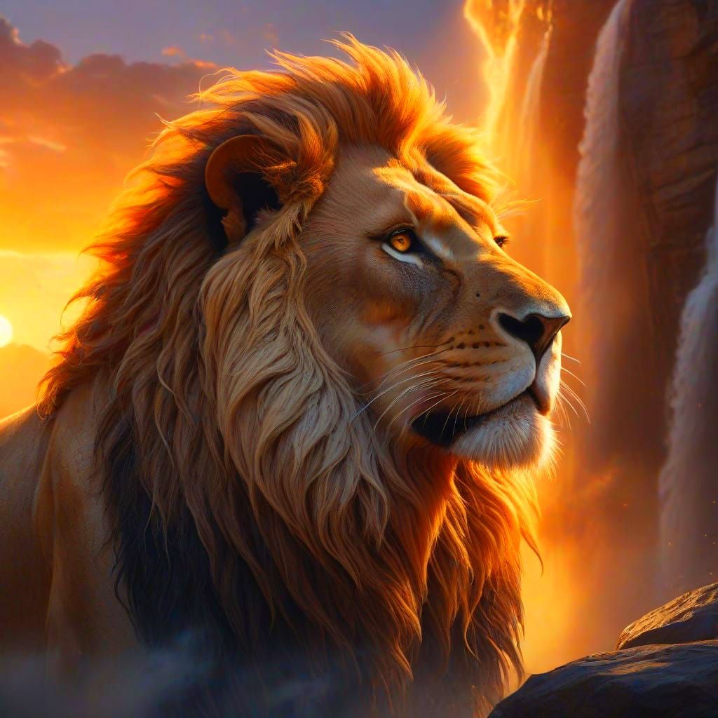 Regal Goddess Interwoven with Lion in Breathtaking Sunset Sc...