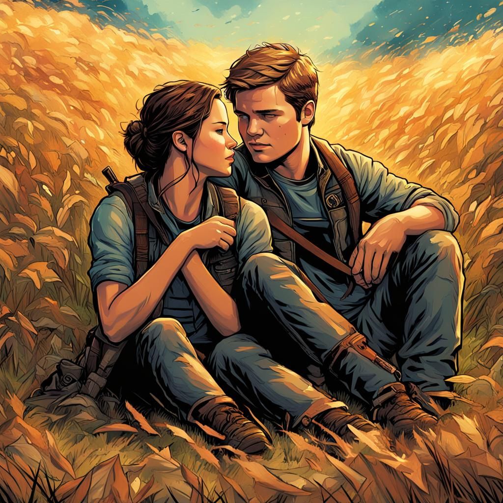 Katniss Everdeen and Peeta Mellark sitting in a field