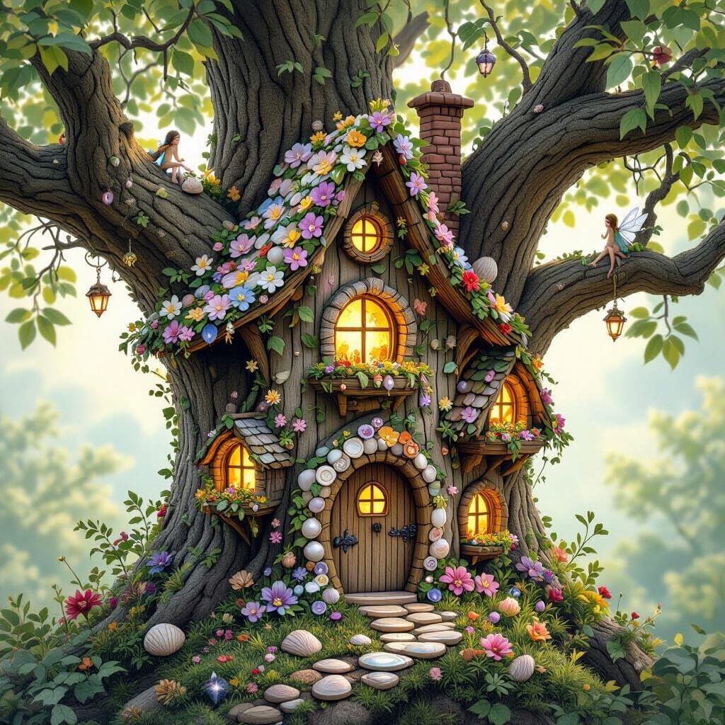 Whimsical Fairy Birdhouse Village on Ancient Tree