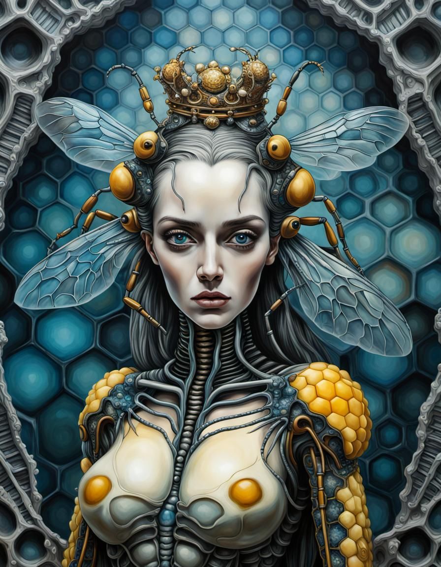 Surrealist Queen Bee Adorns Honeycomb Throne