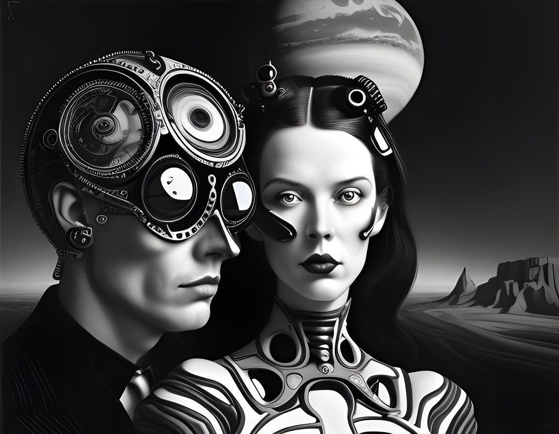 Dramatic Black and White Duo in Surrealist Sci-Fi
