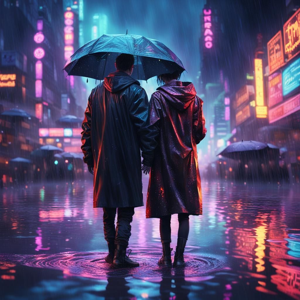 Cyberpunk Couple Embracing in Rainy City Night