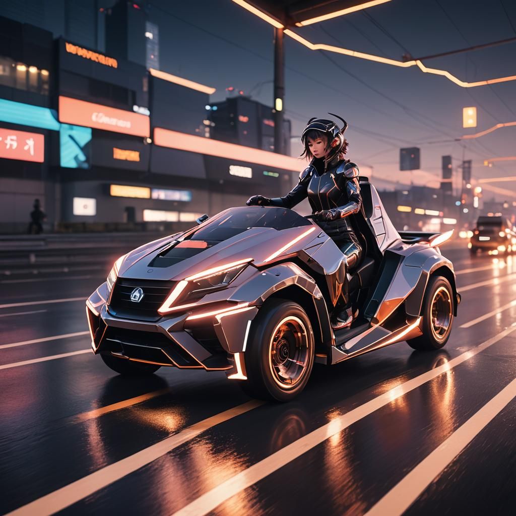 Girl Driving a Futuristic Simitruck on a Neon-Lit Highway