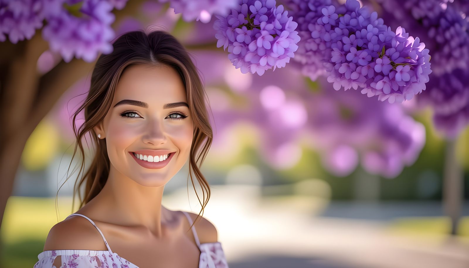 Joyful Woman Under Jacaranda Tree in Late Afternoon Light