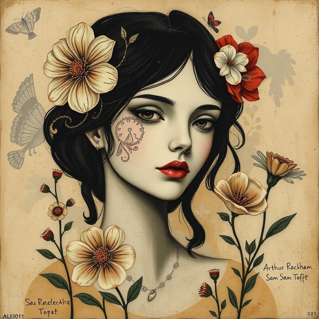 Encaustic Collage Portrait of a Beautiful Woman with Vibrant...