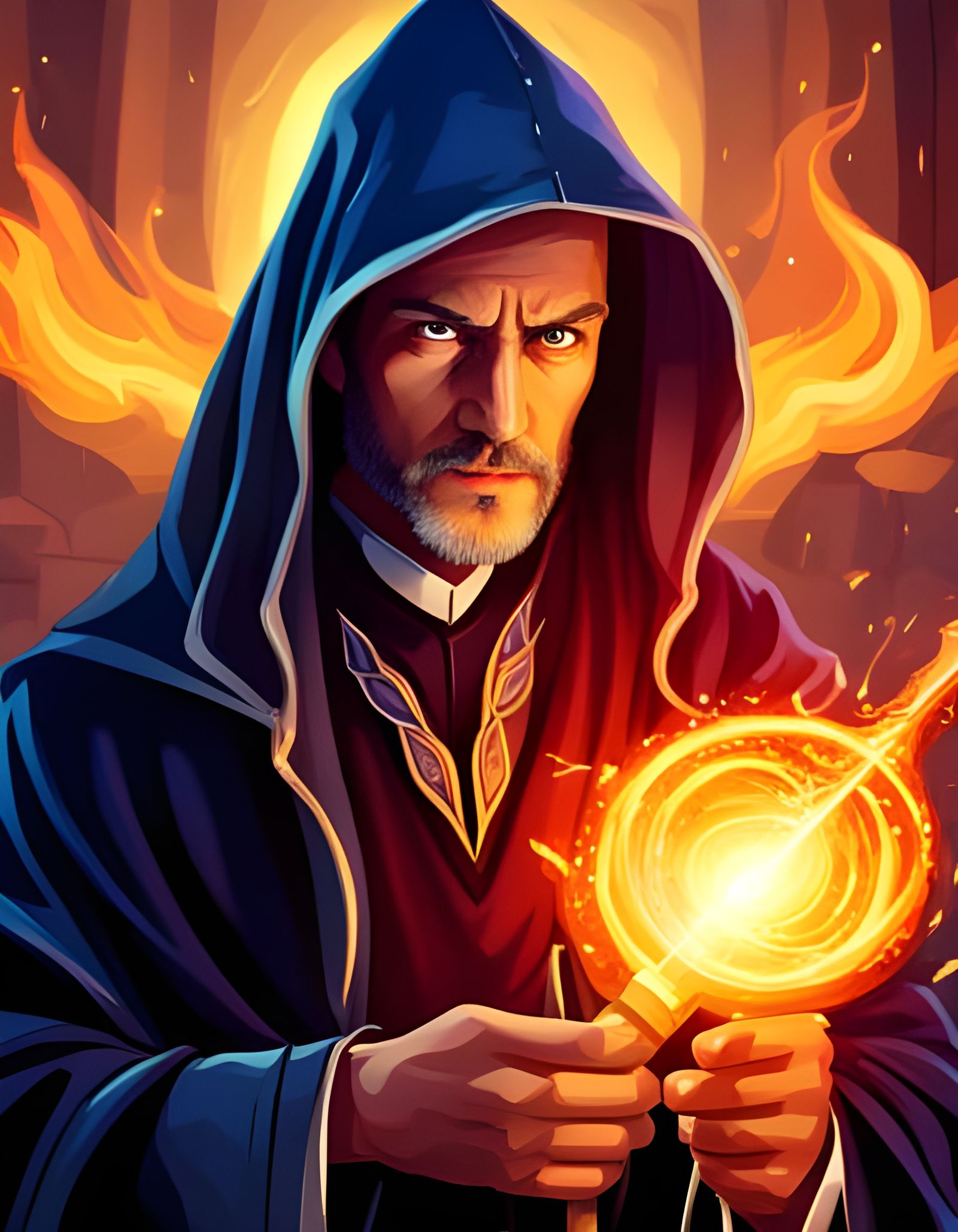 Elegant Young Dark Wizard Amidst Ancient Library Flames