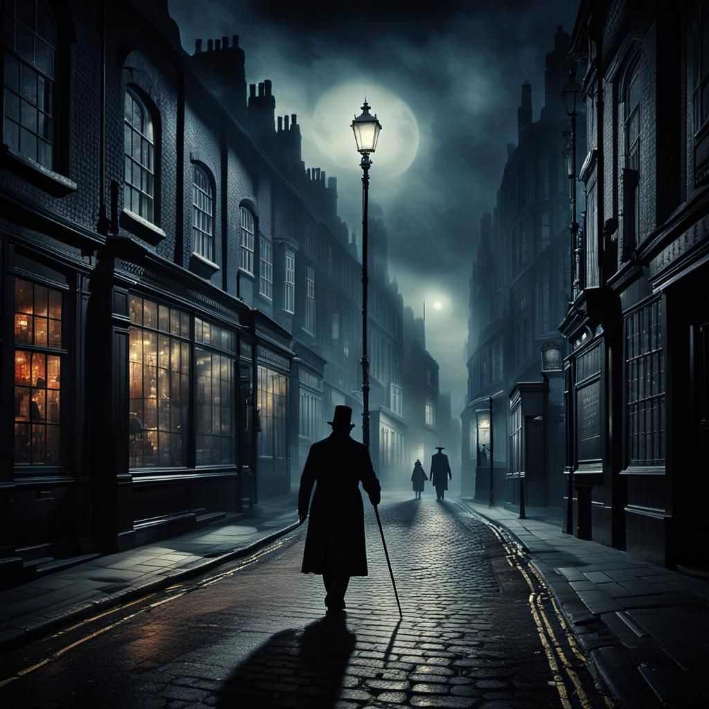 Elegant Victorian Gentleman Strolls Through Foggy London Nig...