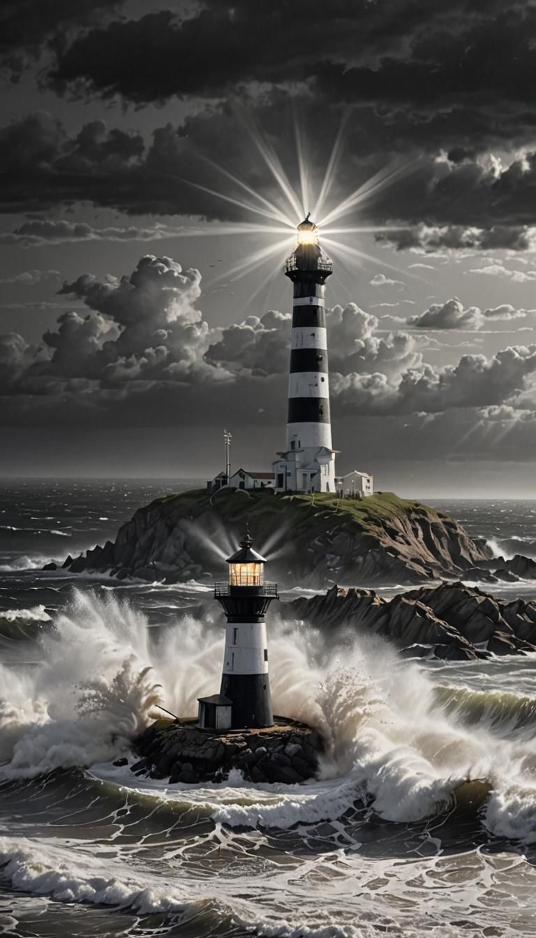 Black and White Lighthouse on a Dramatic Island Coastline