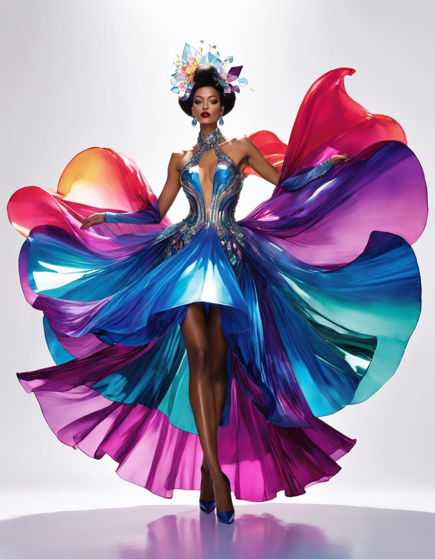 A model wears a gown made of shimmering glass panes