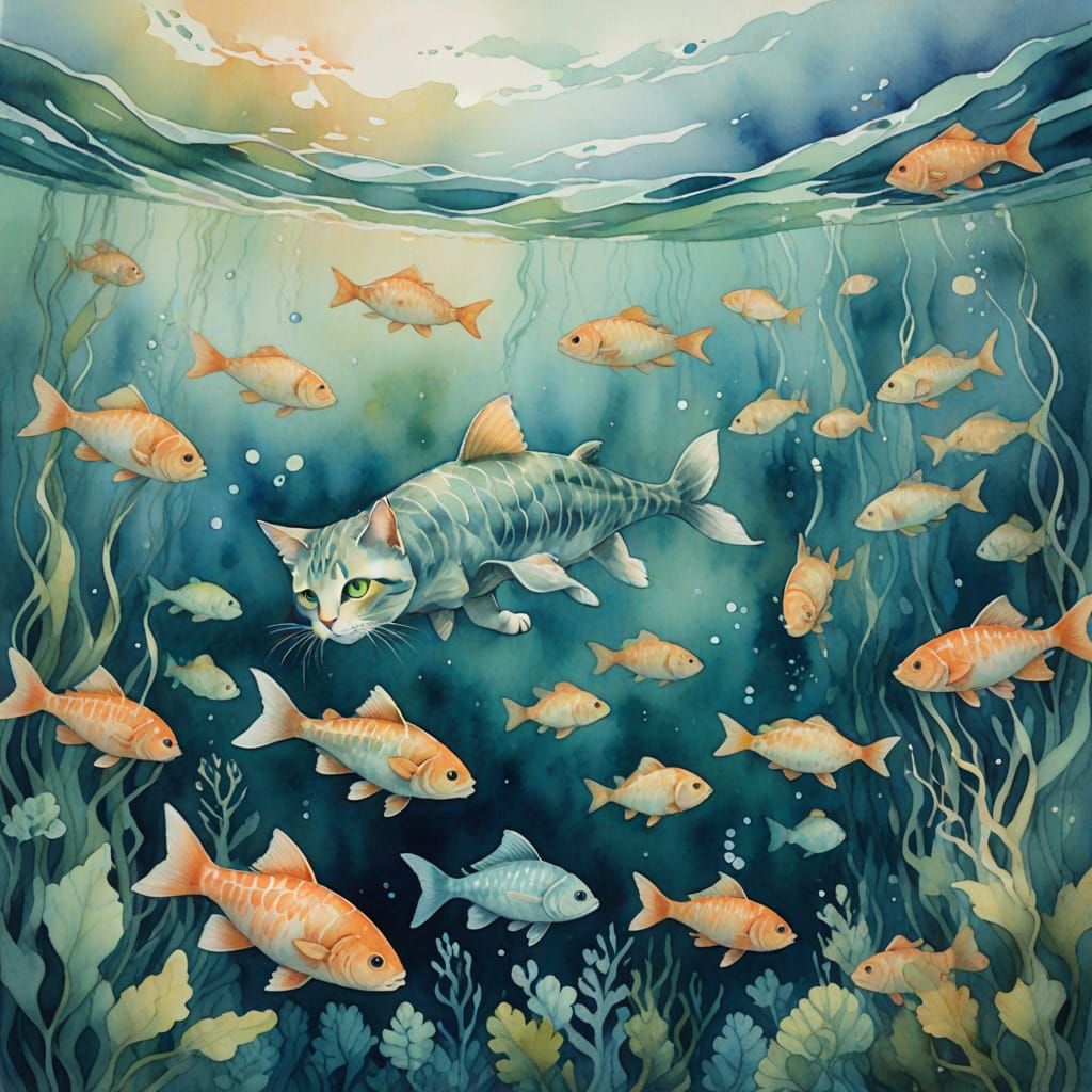 Cat Swims Underwater Chasing Fish in Watercolor Style