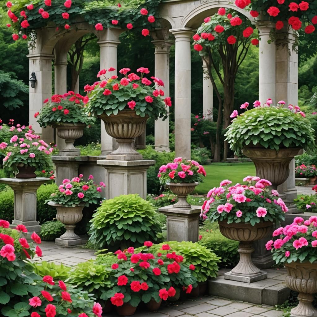 Garden Oasis with Vibrant Urns
