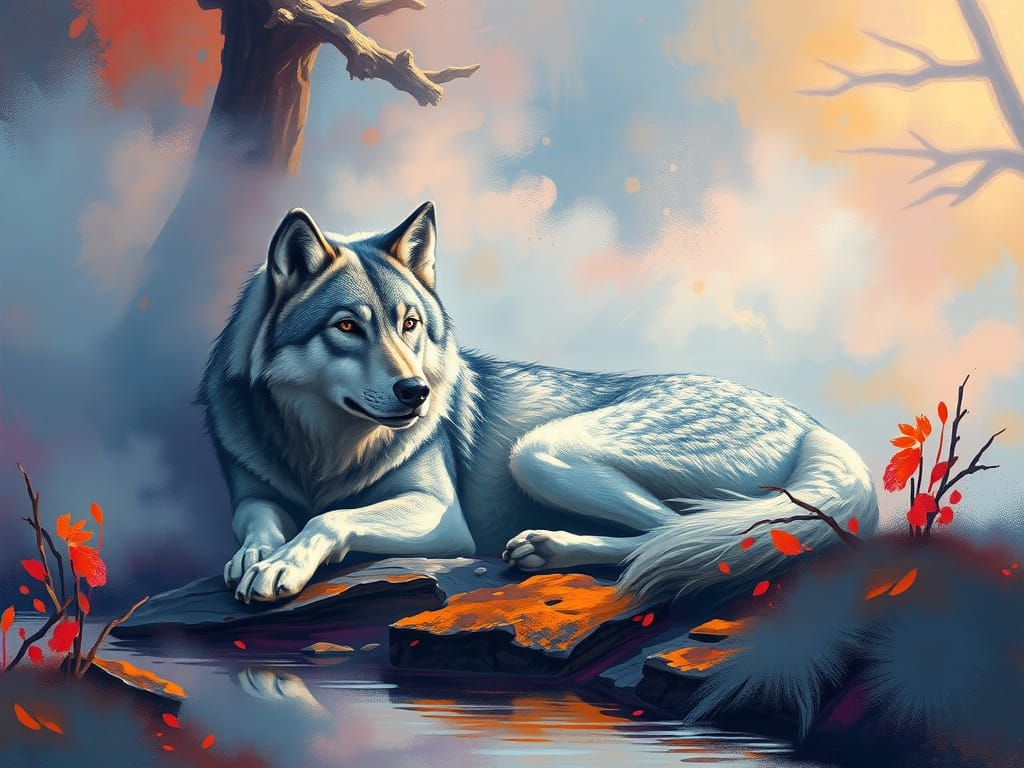 Wolf Resting in Taiga with Impressionistic Brushstrokes