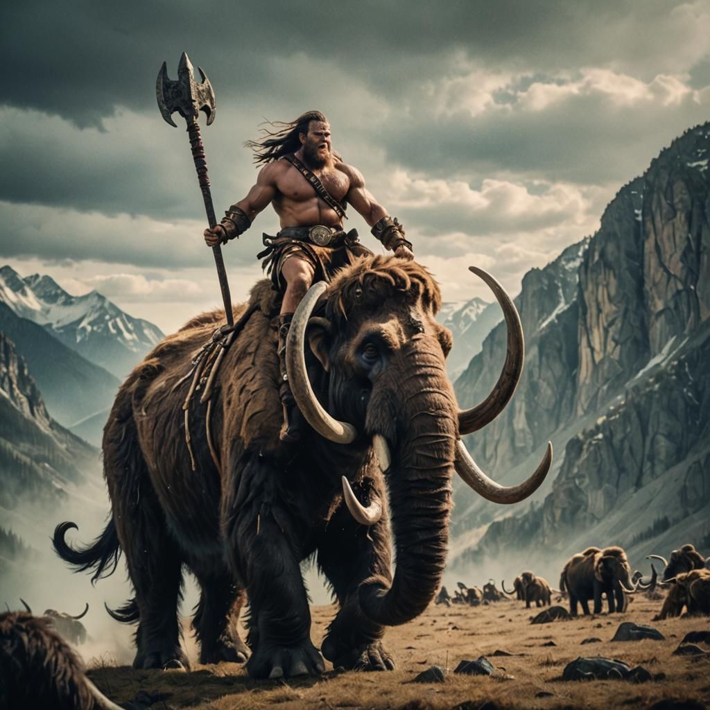 Epic Film Still of Barbarian Warrior on Wooly Mammoth