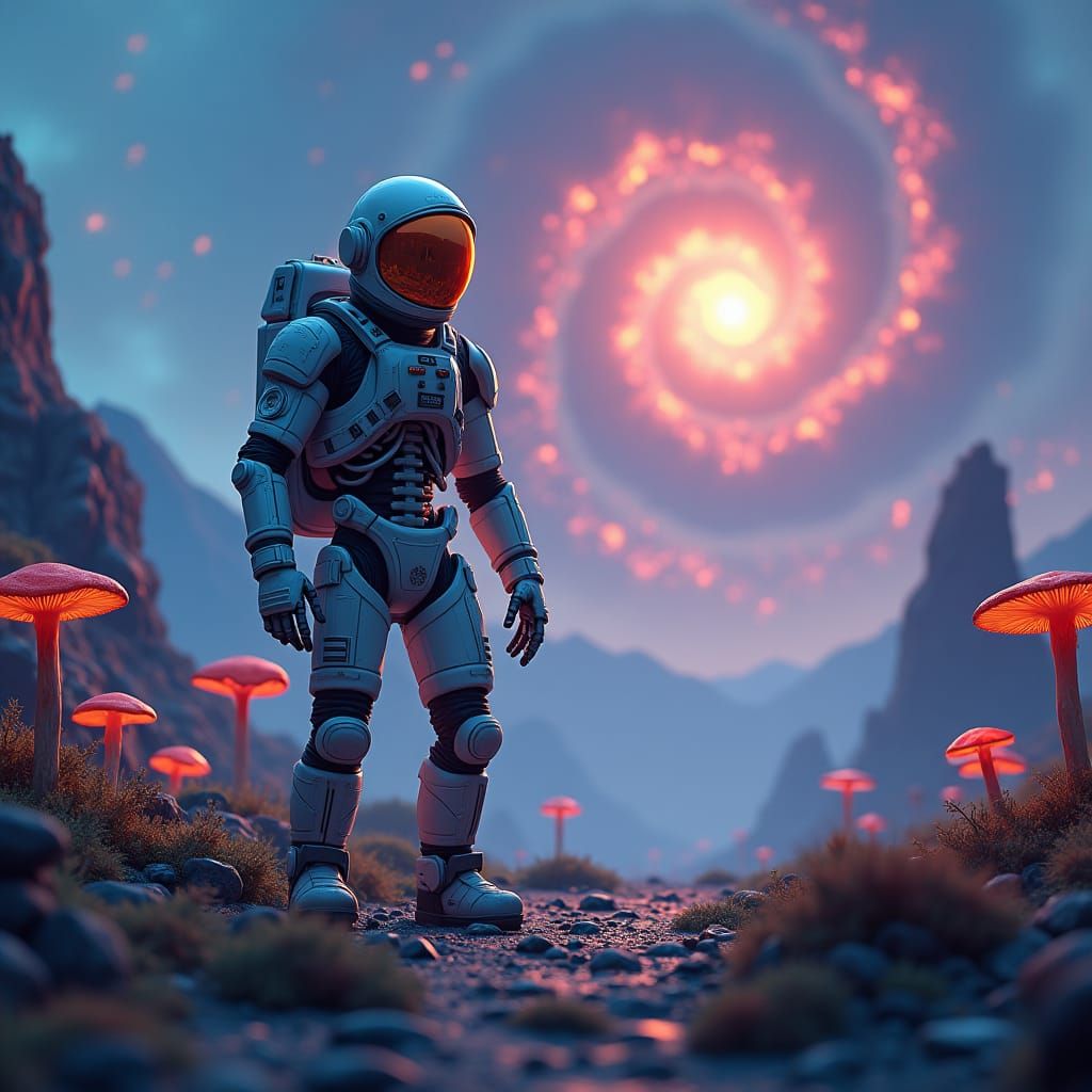 Heroic Skeleton Astronaut Amidst Alien Landscape