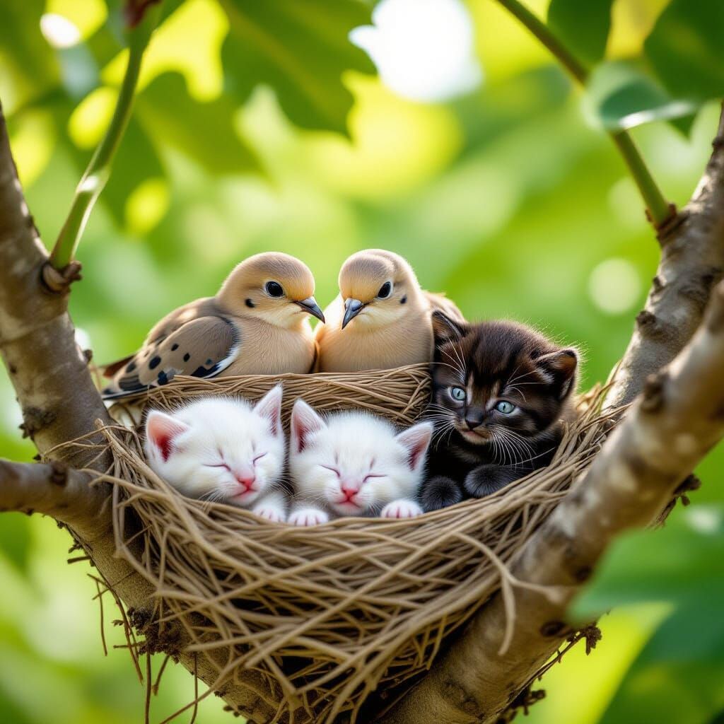 Two Baby Doves and Blind Kittens on Fig Tree Branch